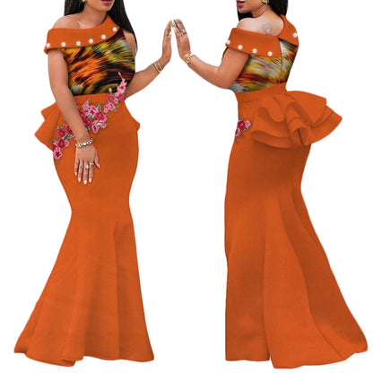 Robe Africaine Femme – Longue Robe Wax Élégante avec Perles FelizShop