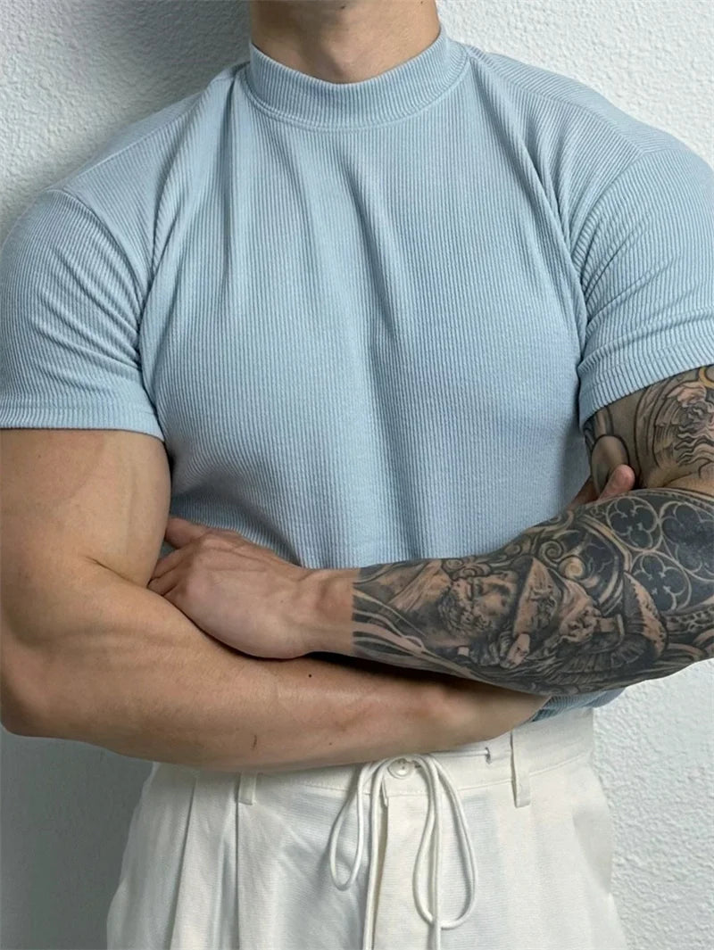 T-shirt homme printemps-été — Petit col montant, rayé — Manches courtes — Haut fitness décontracté — T-shirt sport pour homme — Sportswear🚚 Livraison rapide en 8 à 12 jours ouvrés depuis la France FelizShop