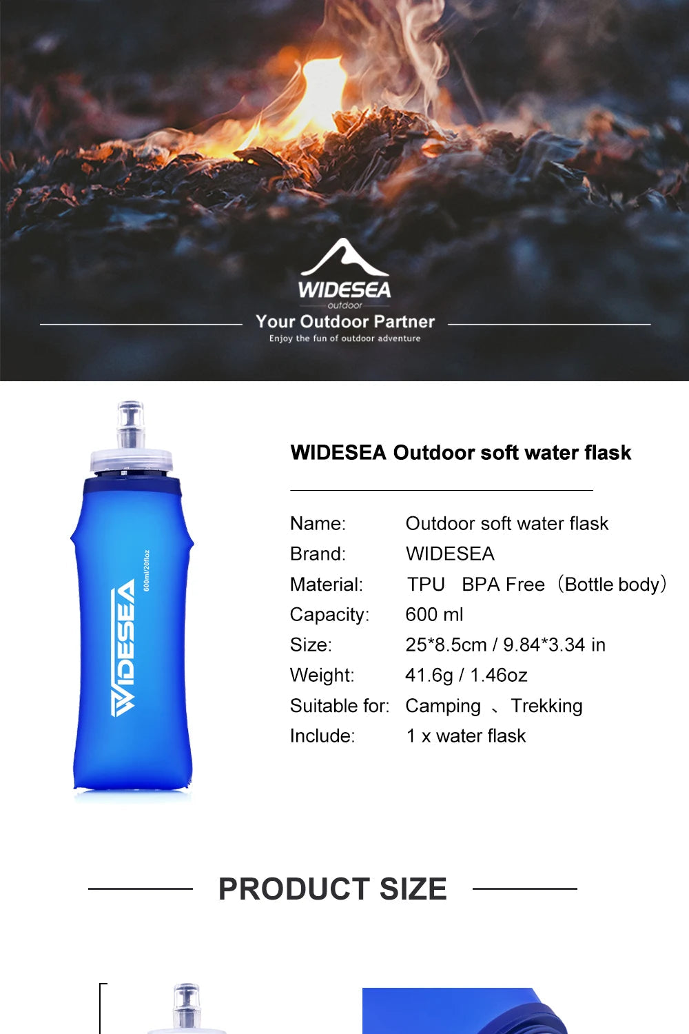 Widesea Gourde souple de camping 600 ml — Bouteille pliable pour sport et randonnée — Hydratation portable sans BPA, idéale pour vélo, course et taille
🚚 Livraison rapide en 8 à 12 jours ouvrés depuis la France FelizShop