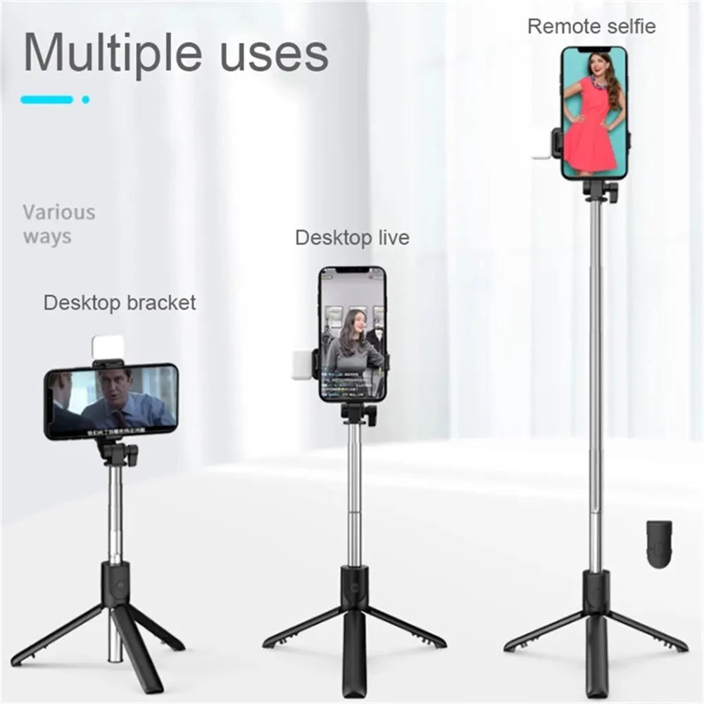 Perche à Selfie Bluetooth Portable avec Trépied – Télécommande Sans Fil, Lumière d’Appoint, Support Téléphone Rétractable et Extensible 🚚 Livraison rapide en 8 à 12 jours ouvrés depuis la France ou nos entrep FelizShop