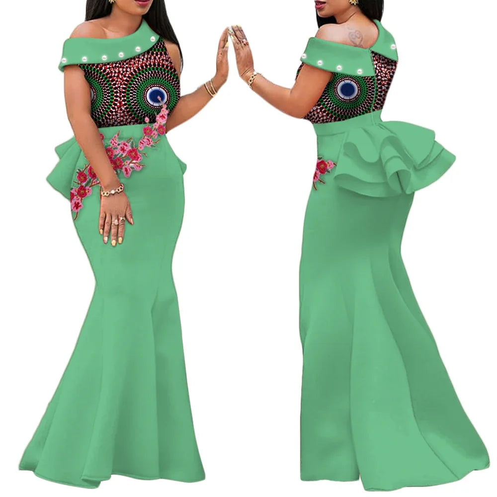 Robe Africaine Femme – Longue Robe Wax Élégante avec Perles FelizShop