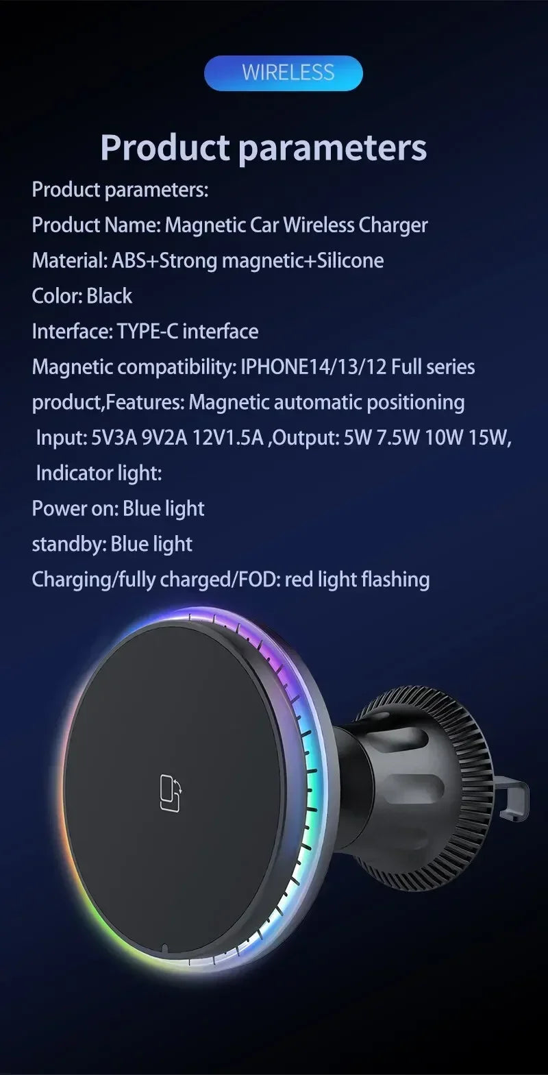 Chargeur sans fil magnétique pour voiture 30W RGB — Compatible iPhone 12, 13, 14, 15 Pro Max (MagSafe), support de téléphone voiture avec fixation, station de charge rapide 🚚 Livraison rapide en 8 à 12 jours ouvrés FelizShop