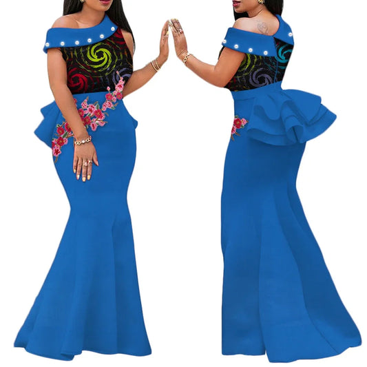 Robe Africaine Femme – Longue Robe Wax Élégante avec Perles FelizShop