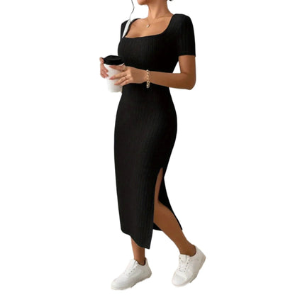 Robe d’Été en Maille – Encolure Carrée & Jupe Mi-Longue Ajustée
Tailles : S à XL
Longueur : mi-longue (environ 100-110 cm)
Matière : maille douce et extensible
Style : manches courtes, encolure carrée, jupe fendue FelizShop