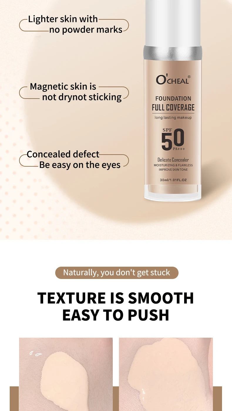 Fond de Teint Liquide O’CHEAL SPF 50 PA+++ – Haute Couvrance & Hydratation | Teint Lumineux & Unifié Longue Tenue🚚 Livraison rapide 5 à 9 jours ouvrés FelizShop
