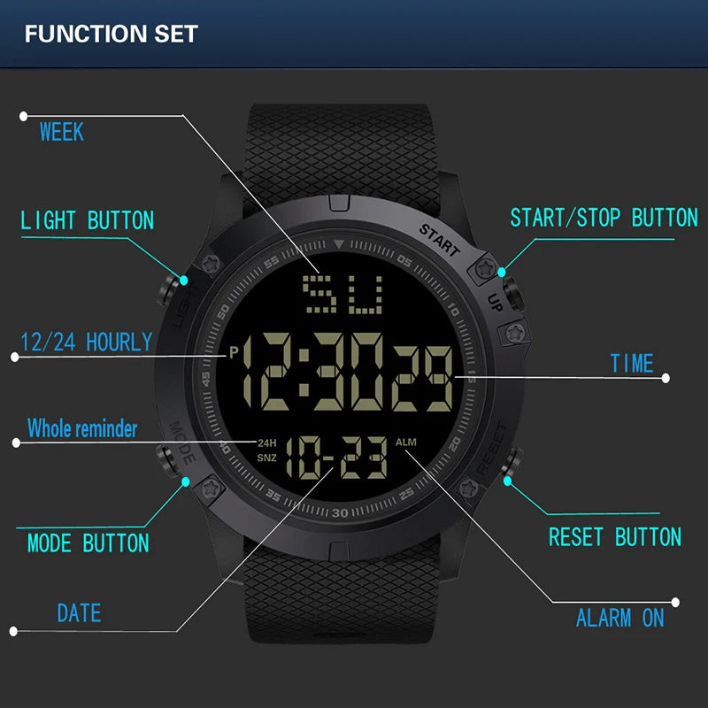 Montre sport homme multifonction — Montre militaire sportive, étanche, lumineuse LED digitale — Grande cadran, montre électronique pour enfants et étudiants
🚚 Livraison rapide en 8 à 12 jours ouvrés depuis la Fran FelizShop