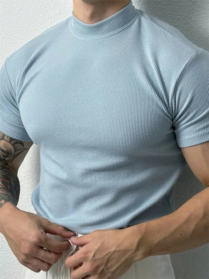 T-shirt homme printemps-été — Petit col montant, rayé — Manches courtes — Haut fitness décontracté — T-shirt sport pour homme — Sportswear🚚 Livraison rapide en 8 à 12 jours ouvrés depuis la France FelizShop