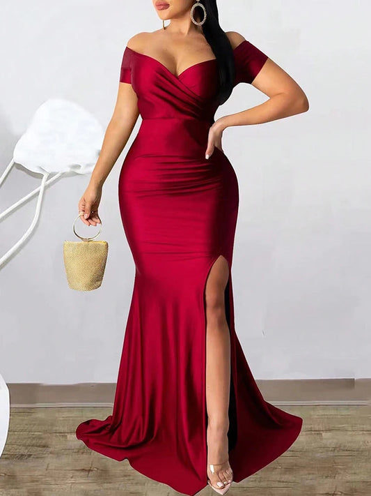 Robe de soirée fendue classique pour femme – Robe longue unie avec manches, élégante pour mariage, demoiselle d'honneur ou soirée. Collection 2025.🚚Livraison gratuite rapide et sécurisé FR FelizShop