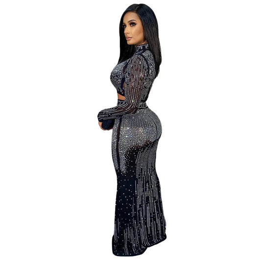 Robe transparente sexy avec strass argentés, chaînes, perles – Robe de soirée ou d’anniversaire brillante, style robe de bal. Ensemble jupe et haut scintillant.🚚Livraison gratuite rapide et sécurisé FR FelizShop