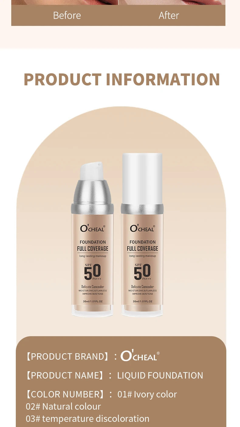 Fond de Teint Liquide O’CHEAL SPF 50 PA+++ – Haute Couvrance & Hydratation | Teint Lumineux & Unifié Longue Tenue🚚 Livraison rapide 5 à 9 jours ouvrés FelizShop