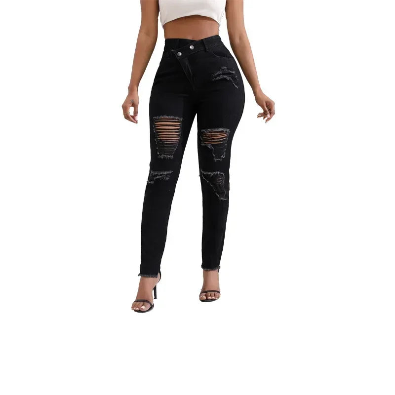 Women Jeans Denim pant High Waist Pencil Pants Holes Slim Fit Pockets Sexy Streetwear Solid Sheath Distressed Ankle Length 2025 FelizShop