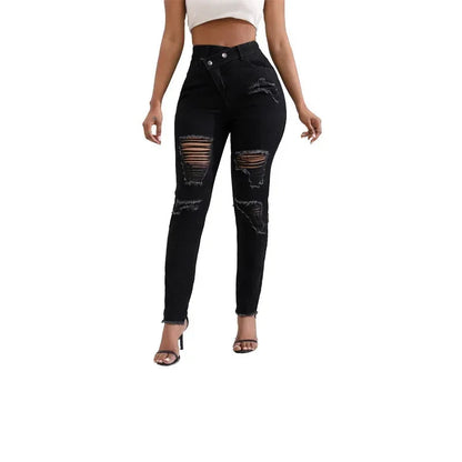 Women Jeans Denim pant High Waist Pencil Pants Holes Slim Fit Pockets Sexy Streetwear Solid Sheath Distressed Ankle Length 2025 FelizShop