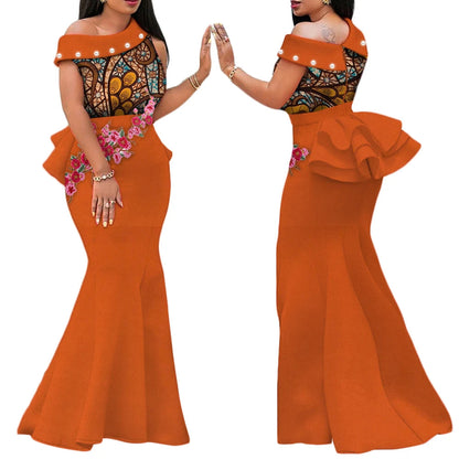 Robe Africaine Femme – Longue Robe Wax Élégante avec Perles FelizShop