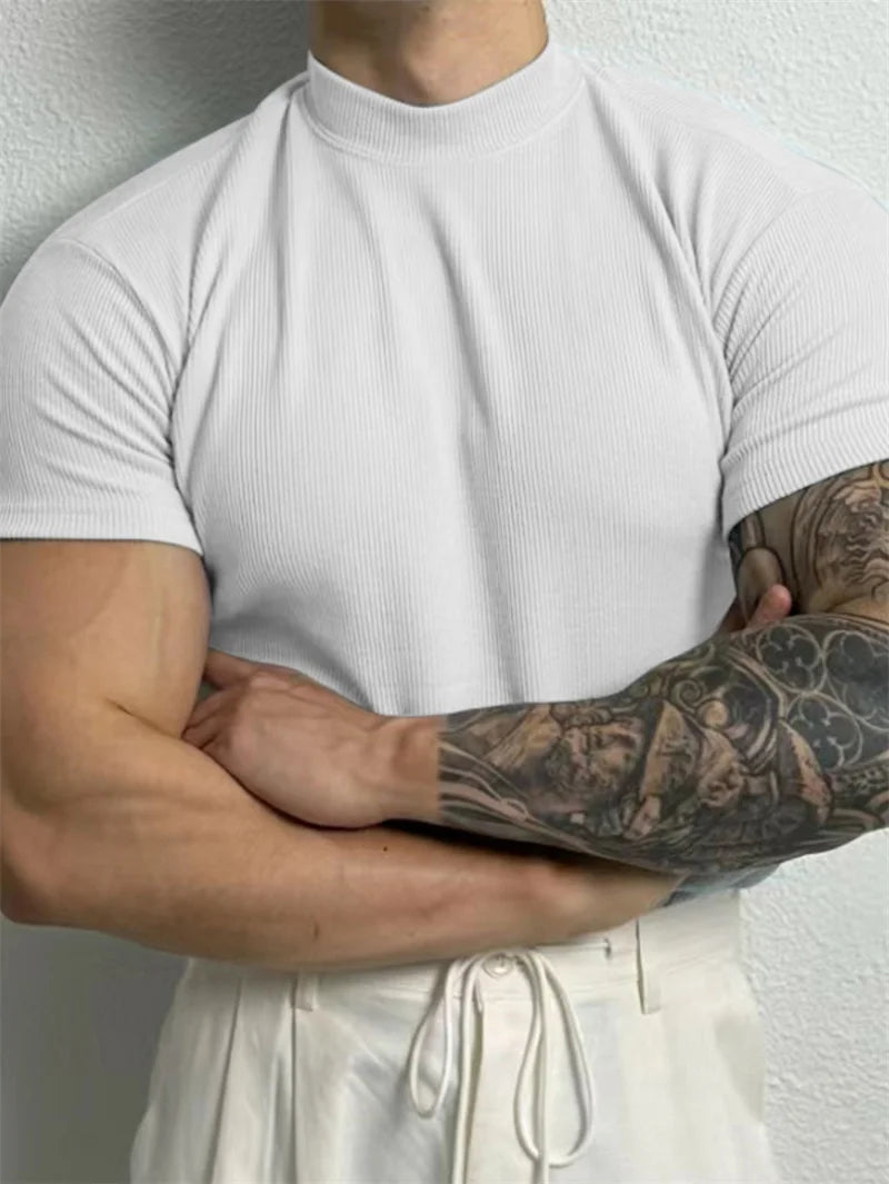 T-shirt homme printemps-été — Petit col montant, rayé — Manches courtes — Haut fitness décontracté — T-shirt sport pour homme — Sportswear🚚 Livraison rapide en 8 à 12 jours ouvrés depuis la France FelizShop
