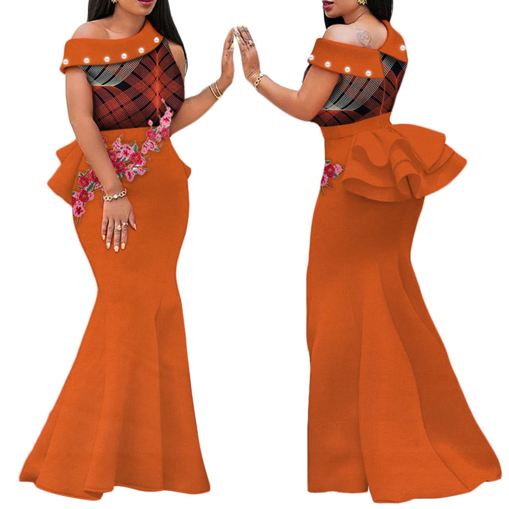 Robe Africaine Femme – Longue Robe Wax Élégante avec Perles FelizShop