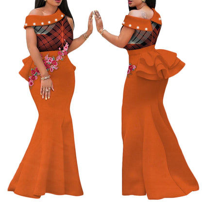Robe Africaine Femme – Longue Robe Wax Élégante avec Perles FelizShop