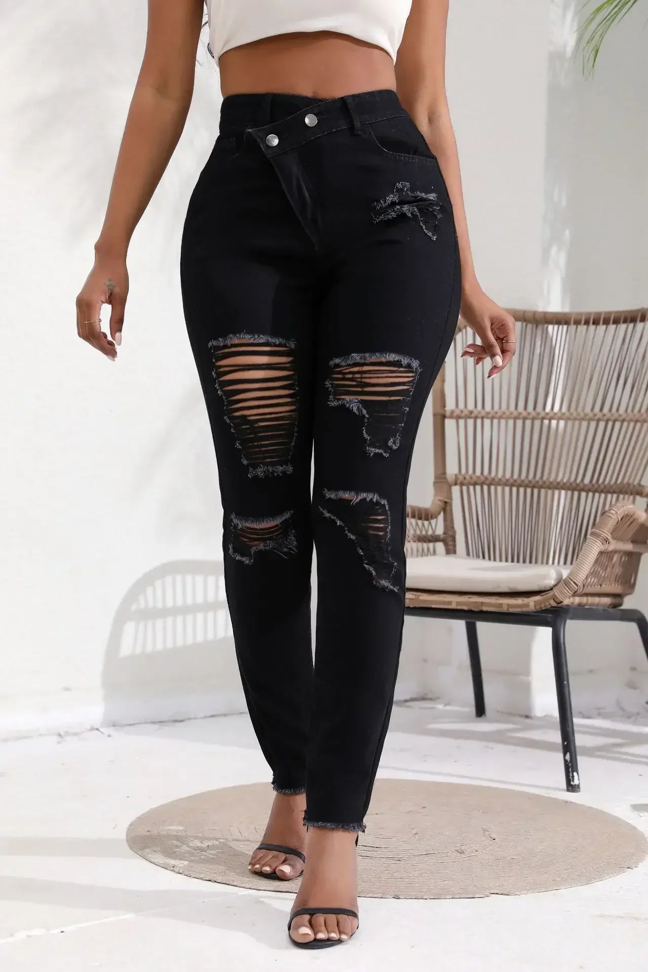 Women Jeans Denim pant High Waist Pencil Pants Holes Slim Fit Pockets Sexy Streetwear Solid Sheath Distressed Ankle Length 2025 FelizShop