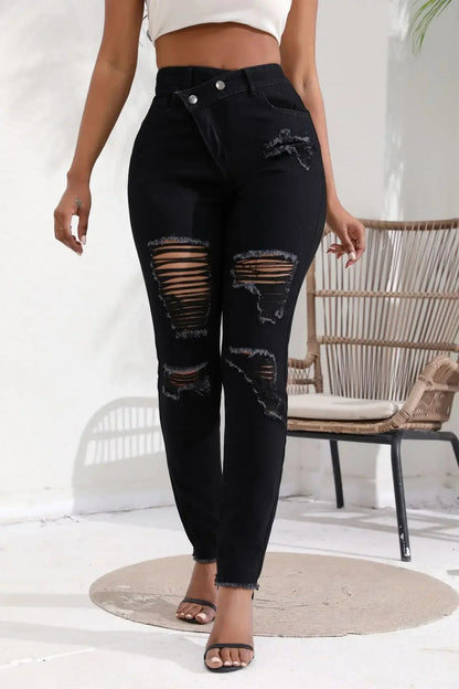 Women Jeans Denim pant High Waist Pencil Pants Holes Slim Fit Pockets Sexy Streetwear Solid Sheath Distressed Ankle Length 2025 FelizShop