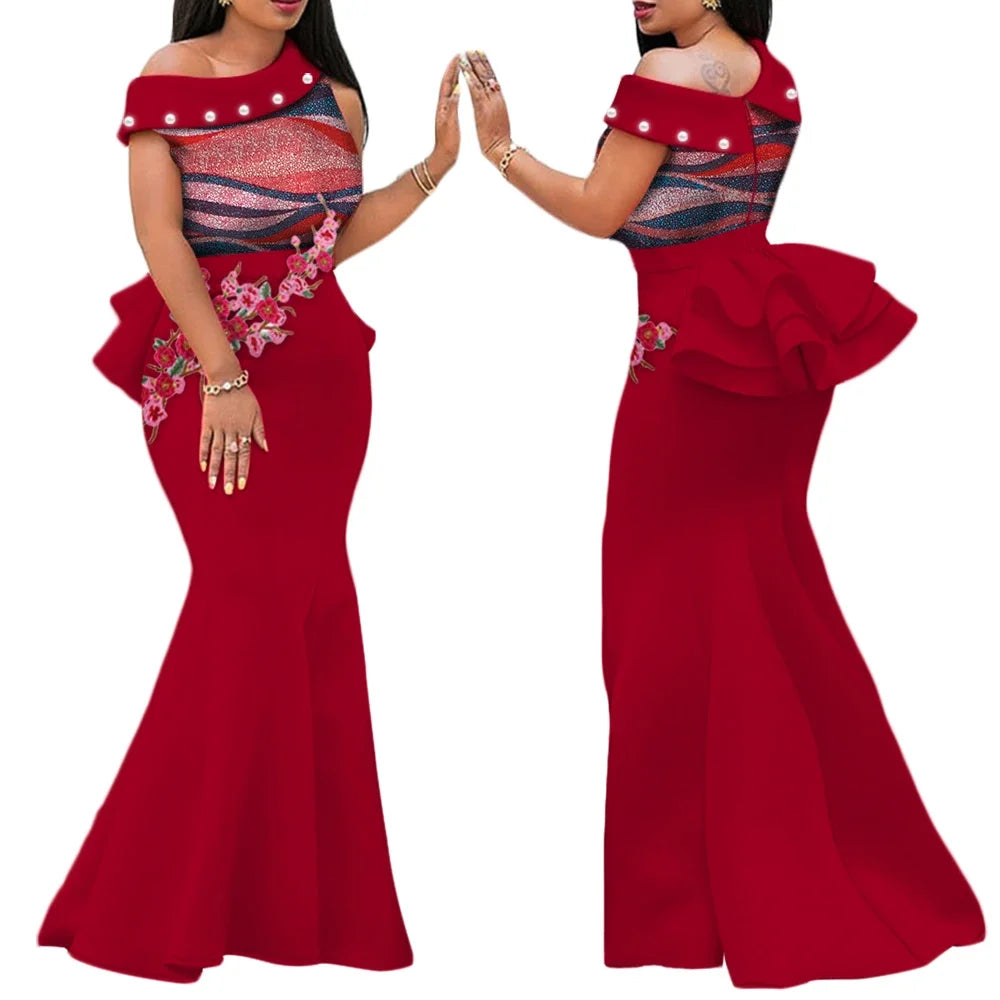 Robe Africaine Femme – Longue Robe Wax Élégante avec Perles FelizShop