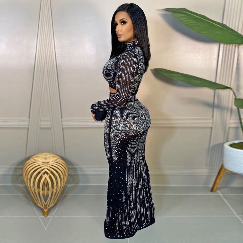 Robe transparente sexy avec strass argentés, chaînes, perles – Robe de soirée ou d’anniversaire brillante, style robe de bal. Ensemble jupe et haut scintillant.🚚Livraison gratuite rapide et sécurisé FR FelizShop