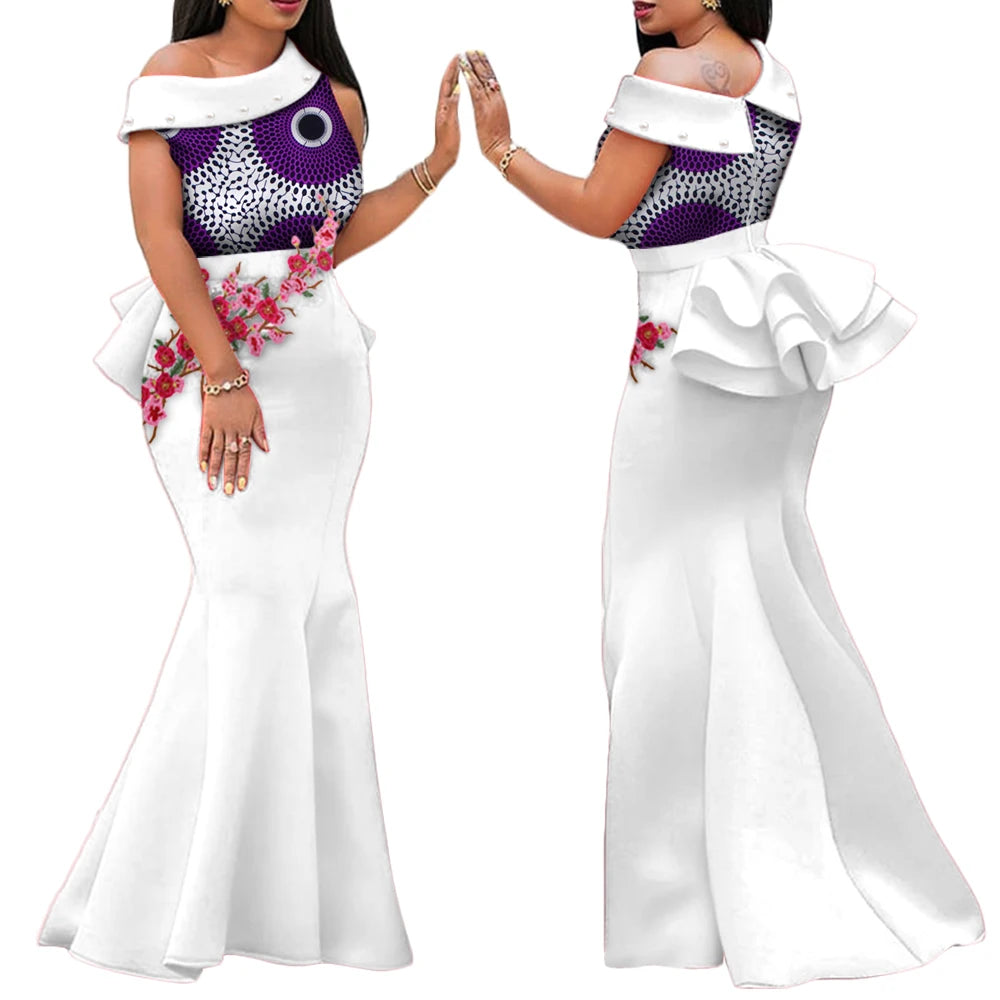 Robe Africaine Femme – Longue Robe Wax Élégante avec Perles FelizShop