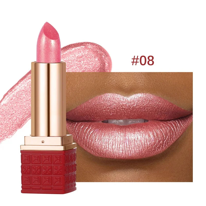 Rouge à Lèvres Pailleté Métallique – 12 Couleurs Intenses | Fini Brillant Nacré, Longue Tenue & Facile à Appliquer🚚 Livraison rapide FelizShop