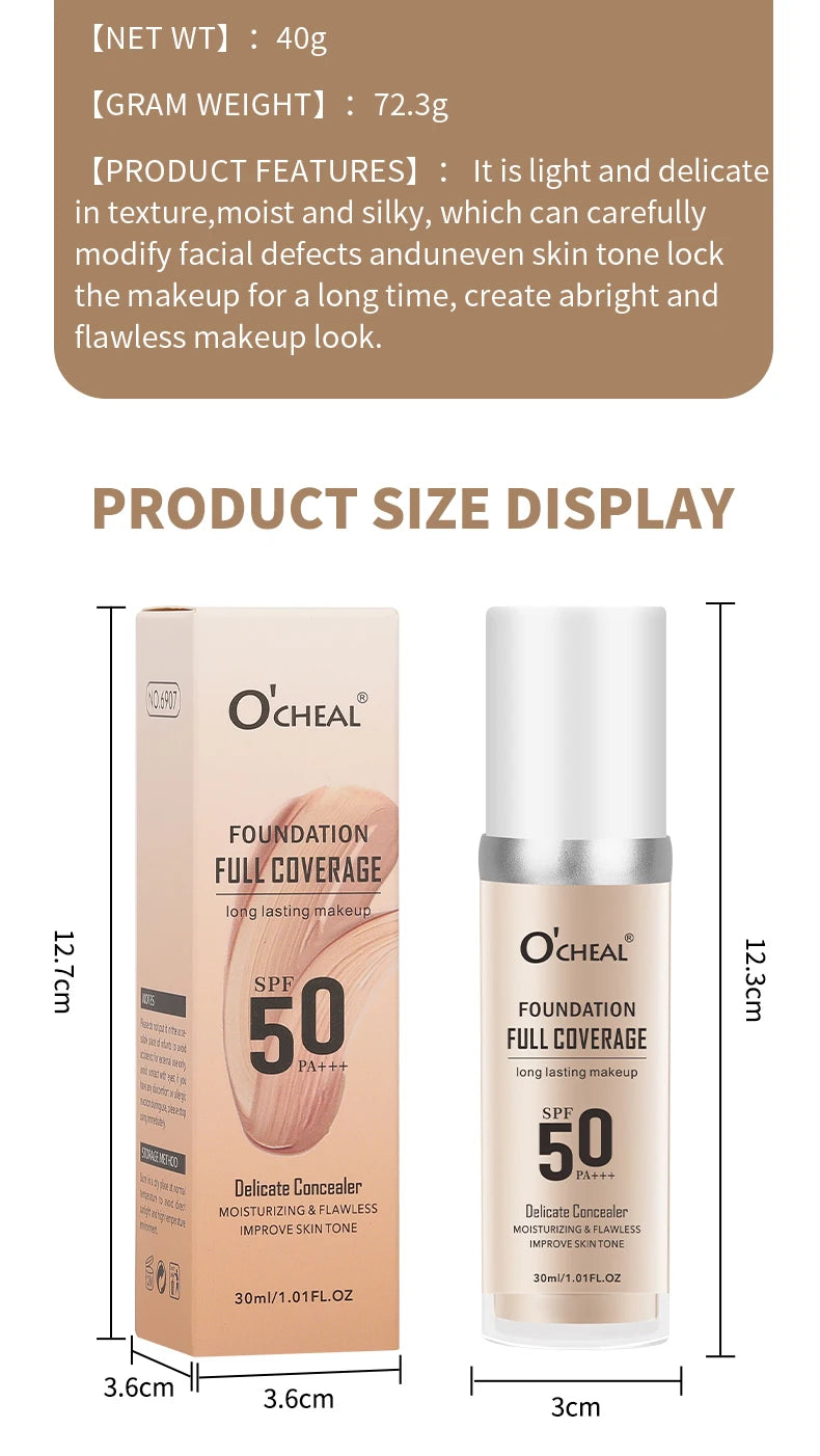 Fond de Teint Liquide O’CHEAL SPF 50 PA+++ – Haute Couvrance & Hydratation | Teint Lumineux & Unifié Longue Tenue🚚 Livraison rapide 5 à 9 jours ouvrés FelizShop