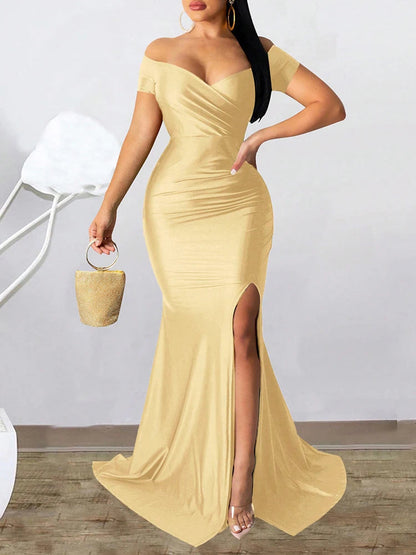 Robe de soirée fendue classique pour femme – Robe longue unie avec manches, élégante pour mariage, demoiselle d'honneur ou soirée. Collection 2025.🚚Livraison gratuite rapide et sécurisé FR FelizShop