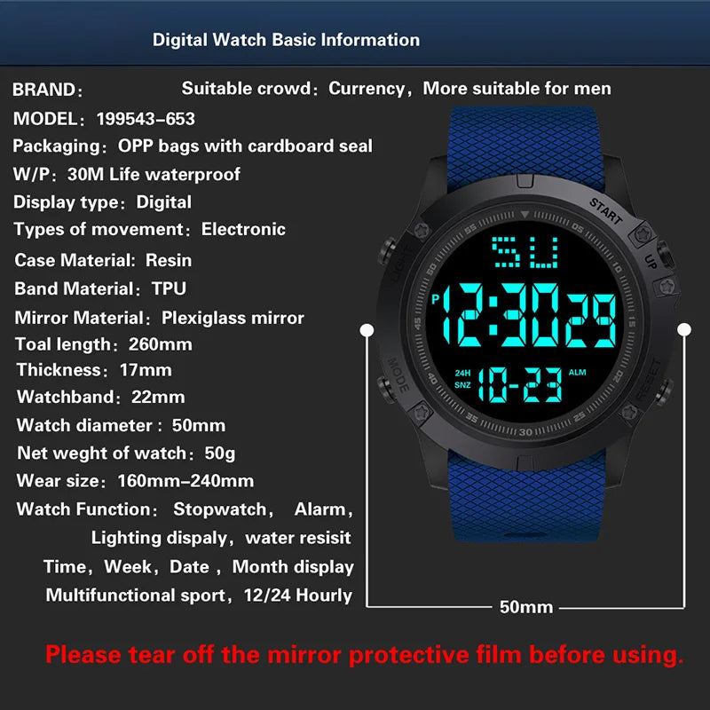 Montre sport homme multifonction — Montre militaire sportive, étanche, lumineuse LED digitale — Grande cadran, montre électronique pour enfants et étudiants
🚚 Livraison rapide en 8 à 12 jours ouvrés depuis la Fran FelizShop