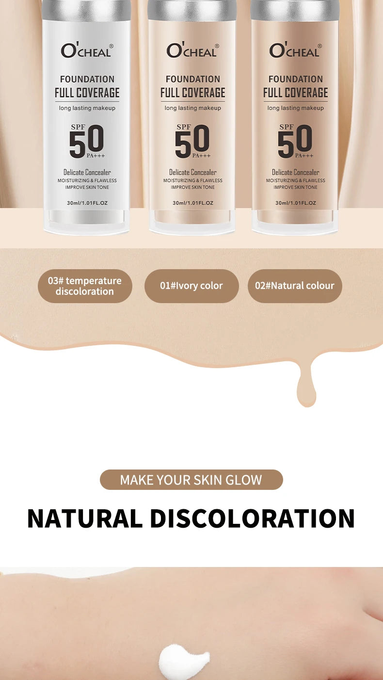 Fond de Teint Liquide O’CHEAL SPF 50 PA+++ – Haute Couvrance & Hydratation | Teint Lumineux & Unifié Longue Tenue🚚 Livraison rapide 5 à 9 jours ouvrés FelizShop