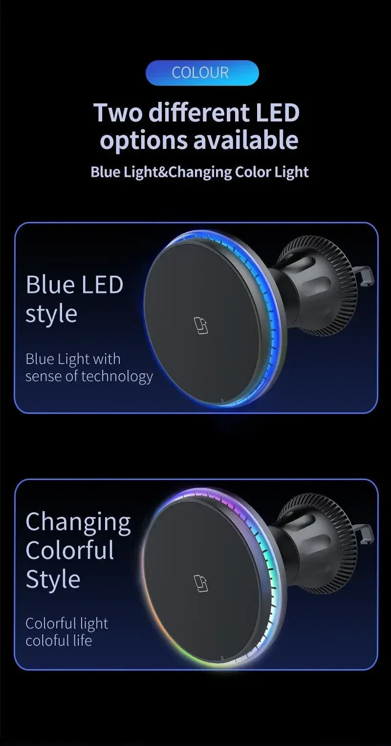 Chargeur sans fil magnétique pour voiture 30W RGB — Compatible iPhone 12, 13, 14, 15 Pro Max (MagSafe), support de téléphone voiture avec fixation, station de charge rapide 🚚 Livraison rapide en 8 à 12 jours ouvrés FelizShop