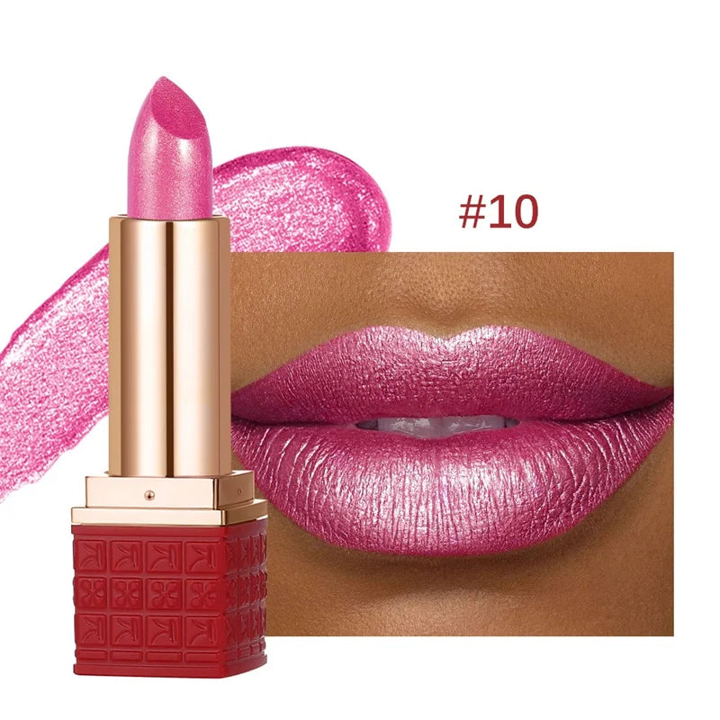Rouge à Lèvres Pailleté Métallique – 12 Couleurs Intenses | Fini Brillant Nacré, Longue Tenue & Facile à Appliquer🚚 Livraison rapide FelizShop