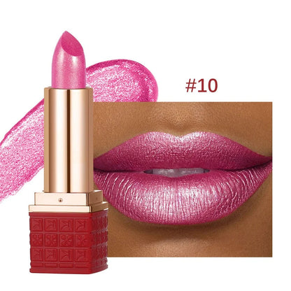 Rouge à Lèvres Pailleté Métallique – 12 Couleurs Intenses | Fini Brillant Nacré, Longue Tenue & Facile à Appliquer🚚 Livraison rapide FelizShop