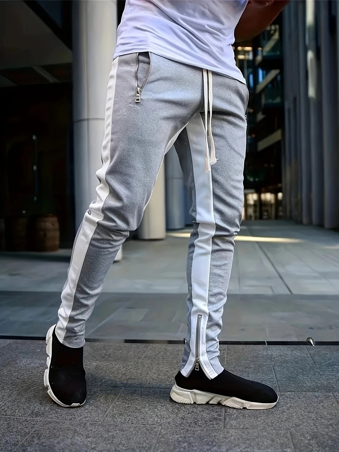 Men Sweatshirts Jogging Pants Men Casual Pants Men Stylish Color Block Zip Pockets Drawstring Sports Skinny Pants Trousers Pants FelizShop