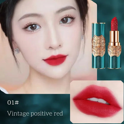 Rouge à Lèvres Gravé Rétro – Rouge Chinois Velours Mat | Waterproof, Non-Transfert & Édition Élégante🚚 Livraison rapide FelizShop