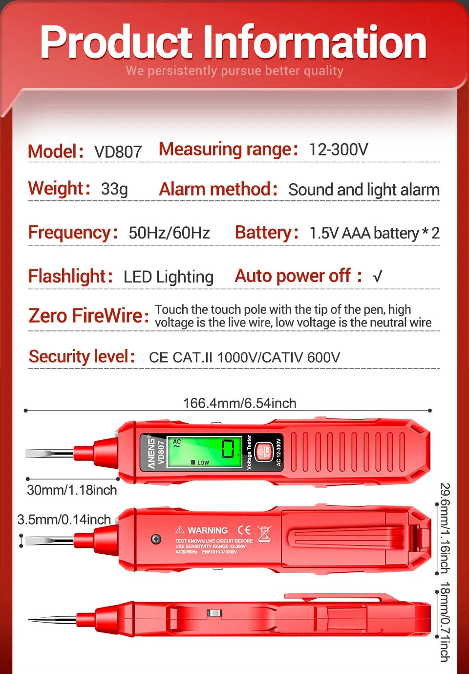 ANENG VD807 – Stylo testeur électrique intelligent à induction, capteur NCV sans contact, détecteur de tension AC 12–300V, fréquence 50/60Hz. Outil portable de détection de fils électriques.🚚Livraison gratuite ra FelizShop