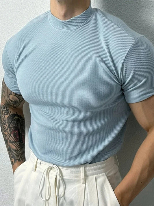 T-shirt homme printemps-été — Petit col montant, rayé — Manches courtes — Haut fitness décontracté — T-shirt sport pour homme — Sportswear🚚 Livraison rapide en 8 à 12 jours ouvrés depuis la France FelizShop