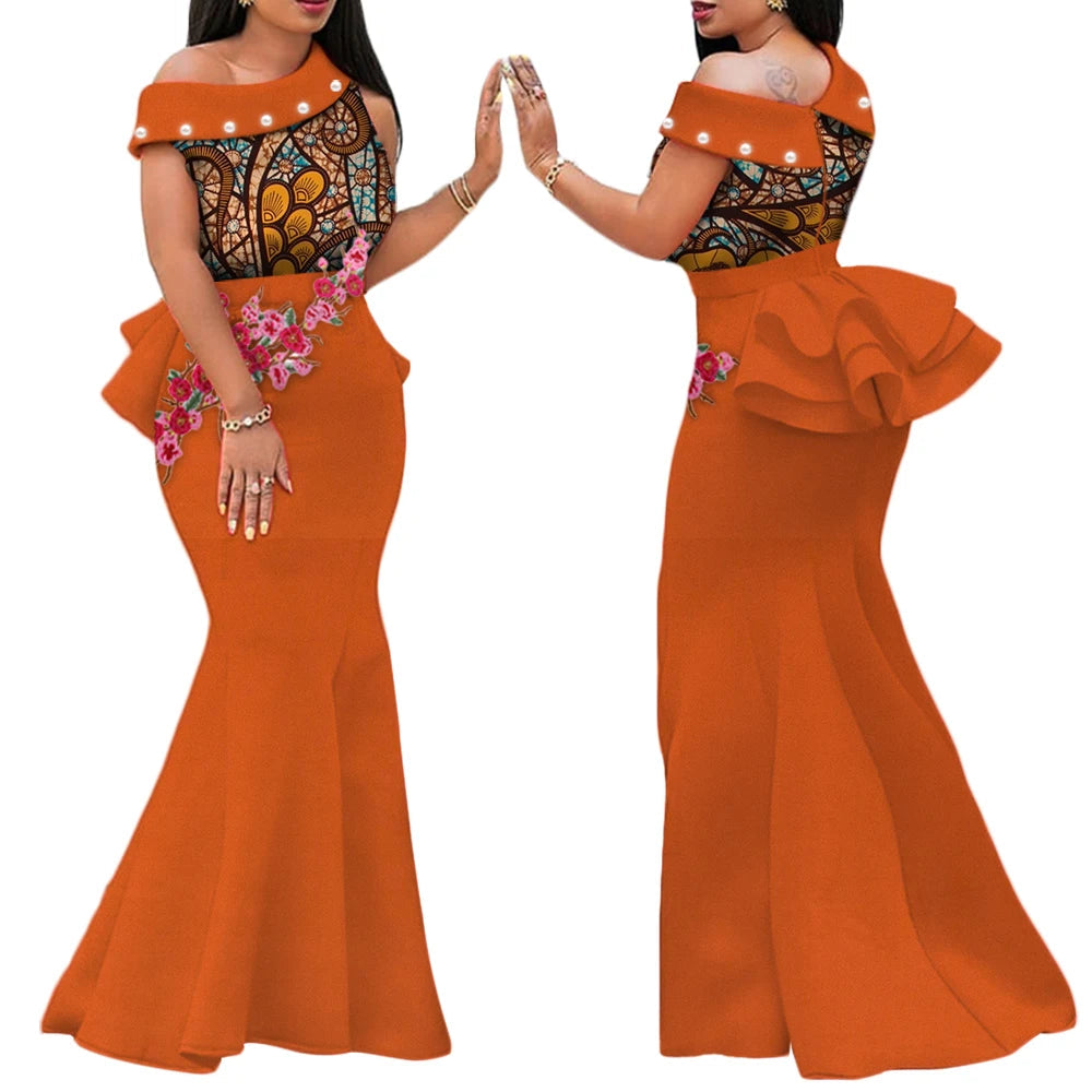 Robe Africaine Femme – Longue Robe Wax Élégante avec Perles FelizShop