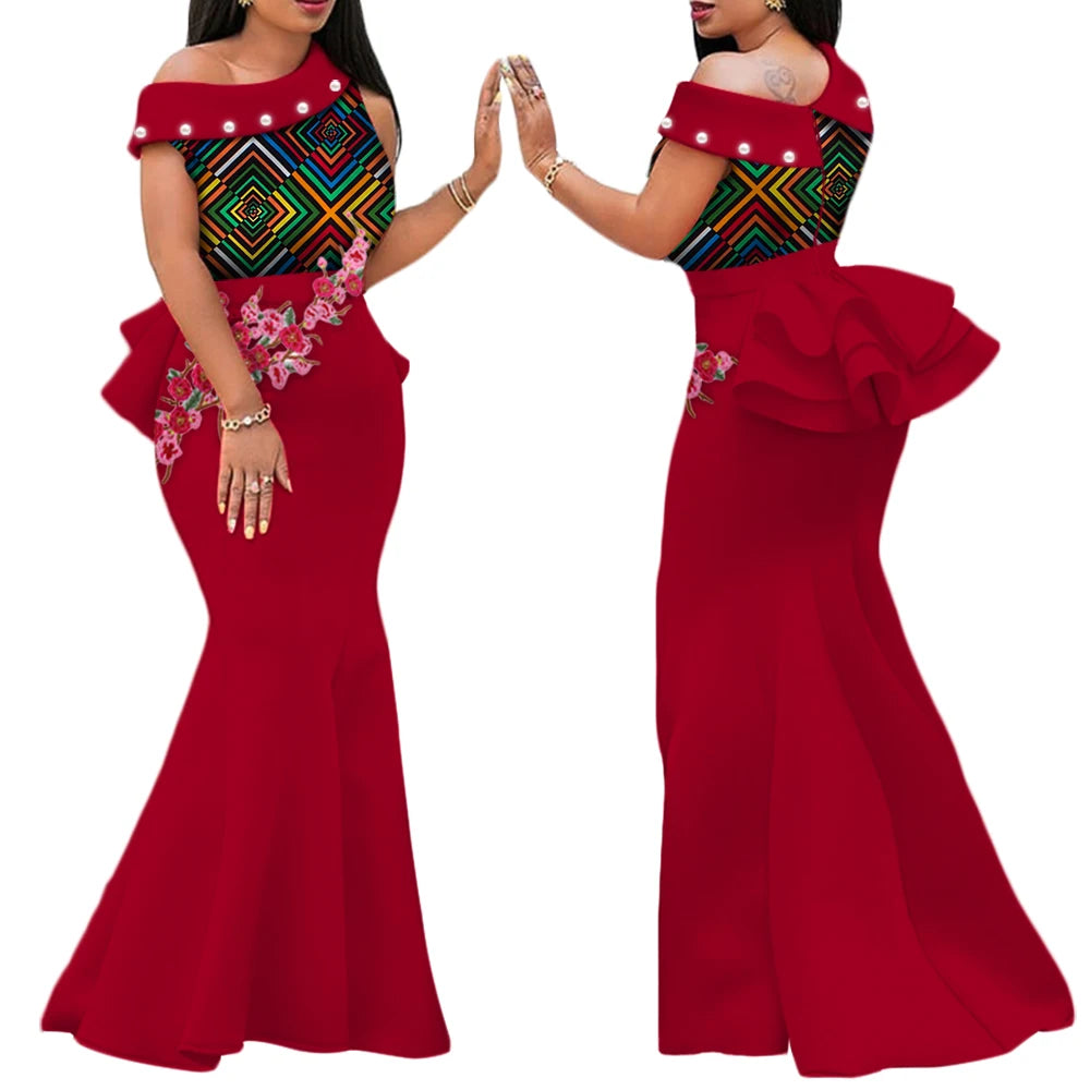 Robe Africaine Femme – Longue Robe Wax Élégante avec Perles FelizShop