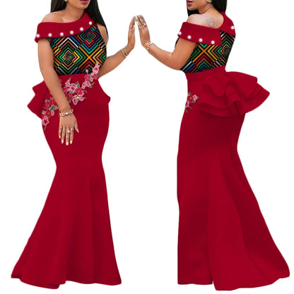 Robe Africaine Femme – Longue Robe Wax Élégante avec Perles FelizShop