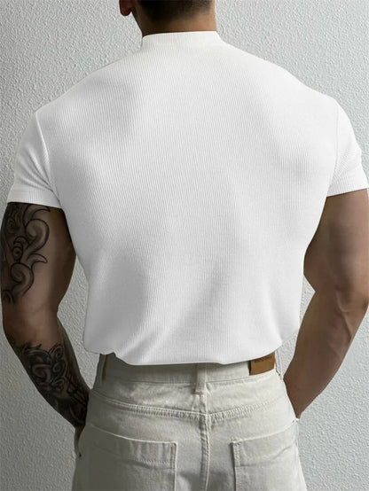 T-shirt homme printemps-été — Petit col montant, rayé — Manches courtes — Haut fitness décontracté — T-shirt sport pour homme — Sportswear🚚 Livraison rapide en 8 à 12 jours ouvrés depuis la France FelizShop