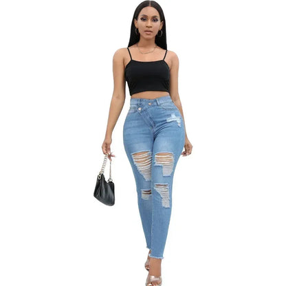 Women Jeans Denim pant High Waist Pencil Pants Holes Slim Fit Pockets Sexy Streetwear Solid Sheath Distressed Ankle Length 2025 FelizShop