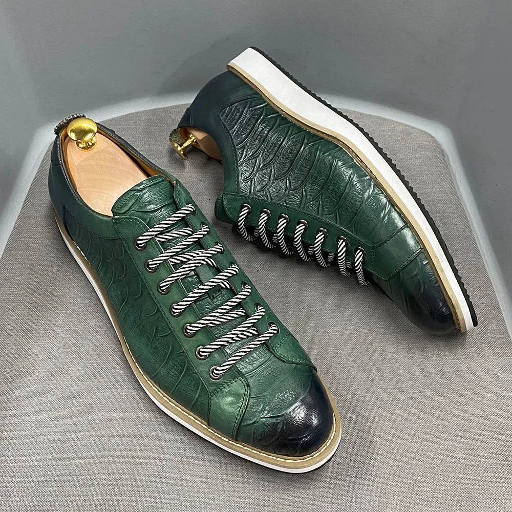 Chaussures casual homme style européen — En cuir véritable de vachette — Vert ou noir — Design luxueux à imprimé crocodile — Chaussures plates streetwear🚚 Livraison rapide en 8 à 12 jours ouvrés depuis la Fra FelizShop