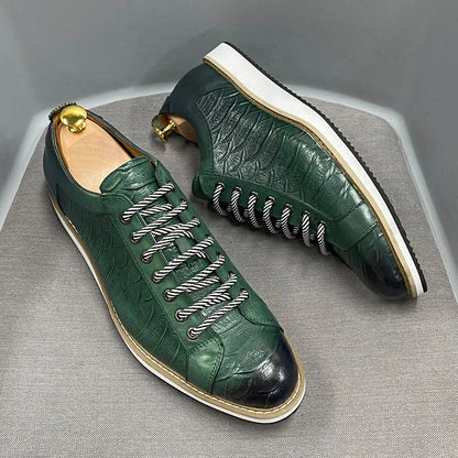 Chaussures casual homme style européen — En cuir véritable de vachette — Vert ou noir — Design luxueux à imprimé crocodile — Chaussures plates streetwear🚚 Livraison rapide en 8 à 12 jours ouvrés depuis la Fra FelizShop