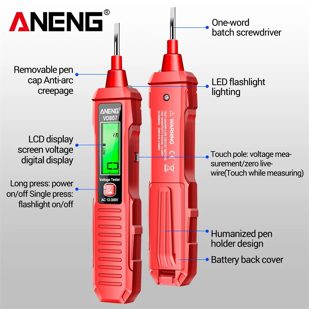 ANENG VD807 – Stylo testeur électrique intelligent à induction, capteur NCV sans contact, détecteur de tension AC 12–300V, fréquence 50/60Hz. Outil portable de détection de fils électriques.🚚Livraison gratuite ra FelizShop