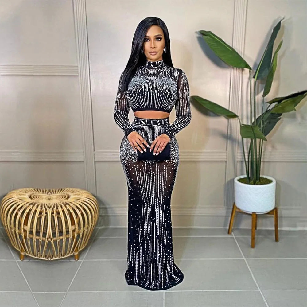 Robe transparente sexy avec strass argentés, chaînes, perles – Robe de soirée ou d’anniversaire brillante, style robe de bal. Ensemble jupe et haut scintillant.🚚Livraison gratuite rapide et sécurisé FR FelizShop