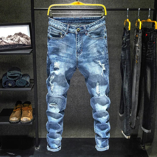 Jean Slim Homme Stretch Déchiré – Style Coréen Vintage, Denim Streetwear Usé, Pantalon Tendance Hip-Hop avec Détails Personnalisés🚚 Livraison rapide en 8 à 12 jours ouvrés depuis la France FelizShop