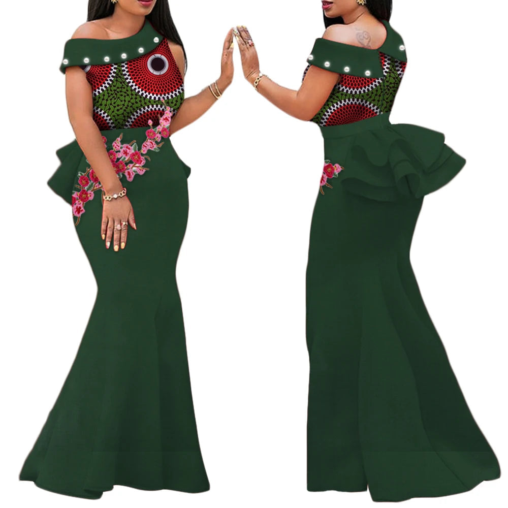 Robe Africaine Femme – Longue Robe Wax Élégante avec Perles FelizShop