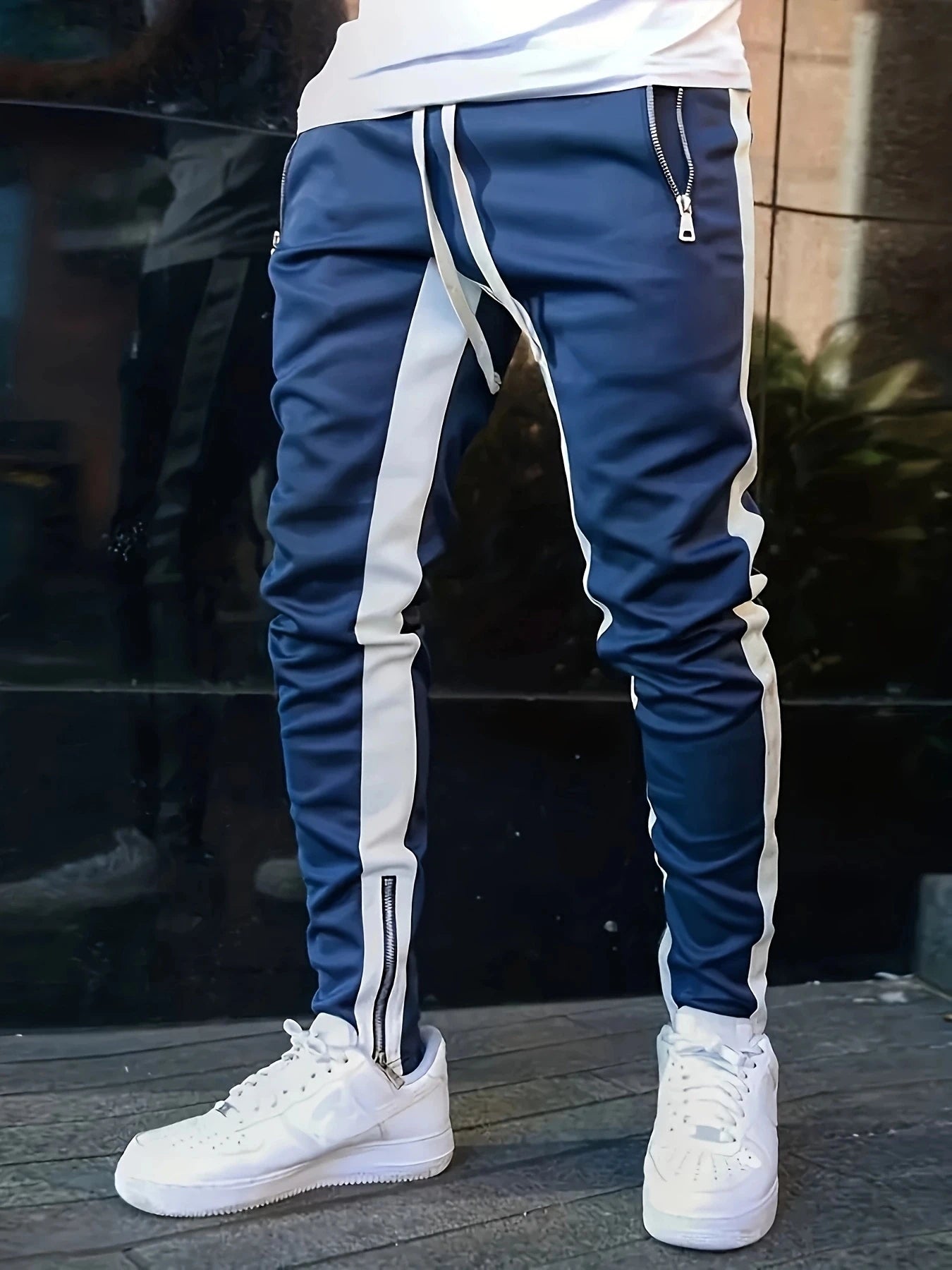 Men Sweatshirts Jogging Pants Men Casual Pants Men Stylish Color Block Zip Pockets Drawstring Sports Skinny Pants Trousers Pants FelizShop