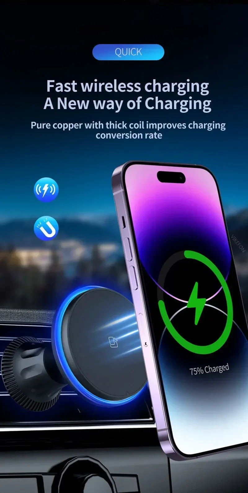 Chargeur sans fil magnétique pour voiture 30W RGB — Compatible iPhone 12, 13, 14, 15 Pro Max (MagSafe), support de téléphone voiture avec fixation, station de charge rapide 🚚 Livraison rapide en 8 à 12 jours ouvrés FelizShop